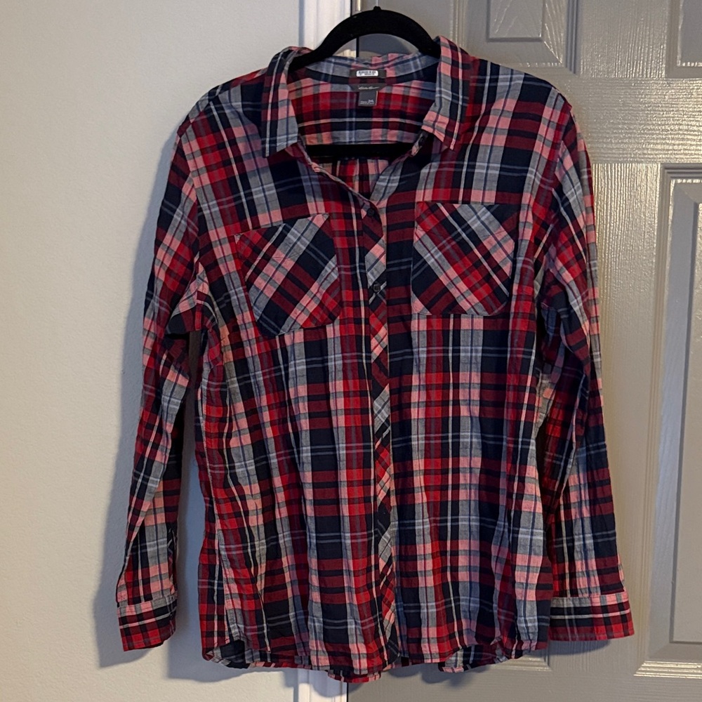 Eddie Bauer Women's Red and Black Plaid Button Down Plus Size Shirt